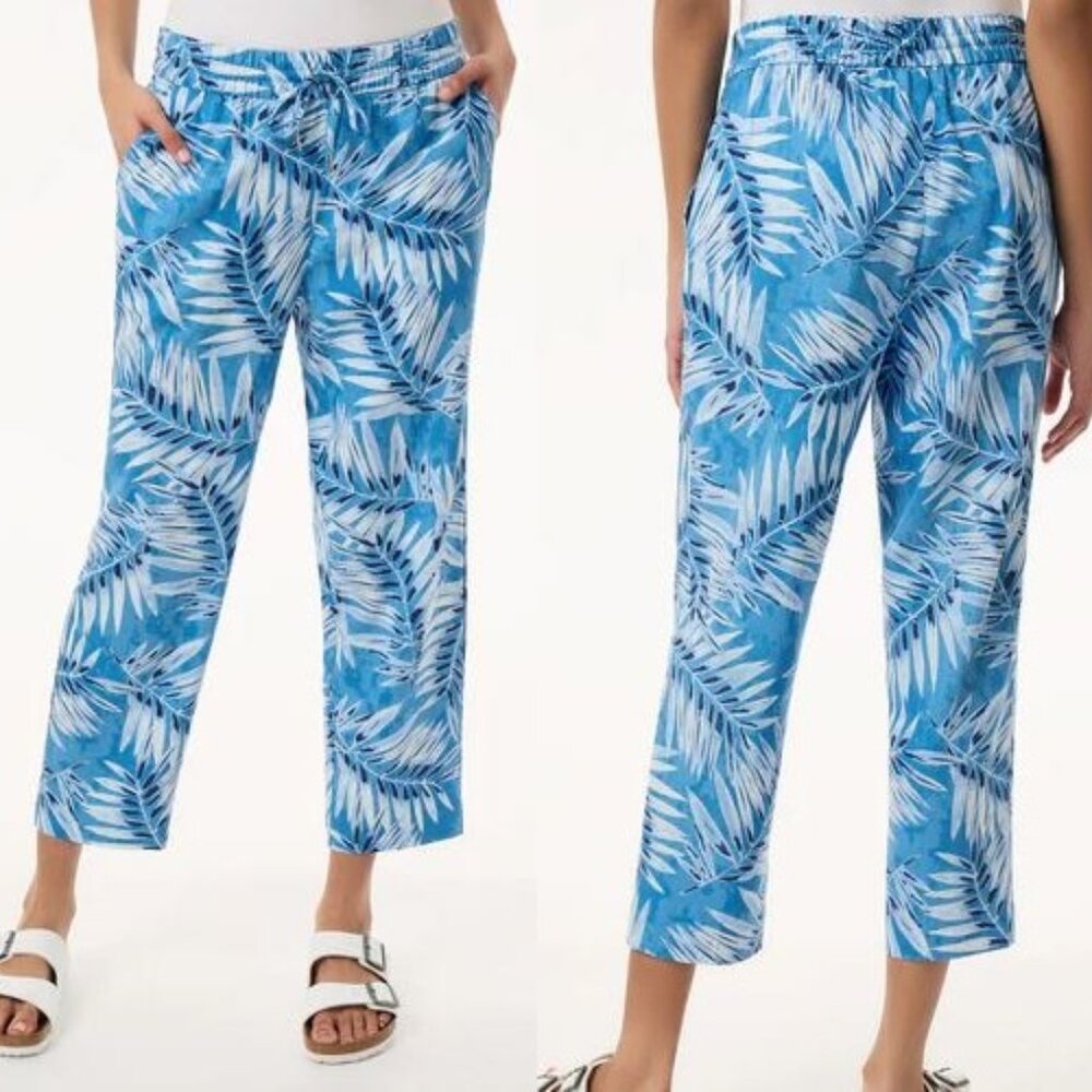 Jones NY Women's Printed Pull On Drawstring Crop Trouser Blue Lagoon Multi PXL